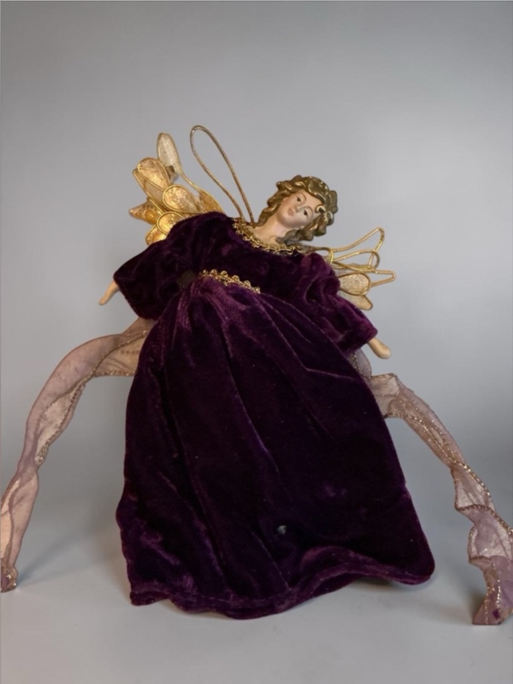 Vintage Angel Ornament 8” Purple Fabric Dress Christmas Tree Decoration